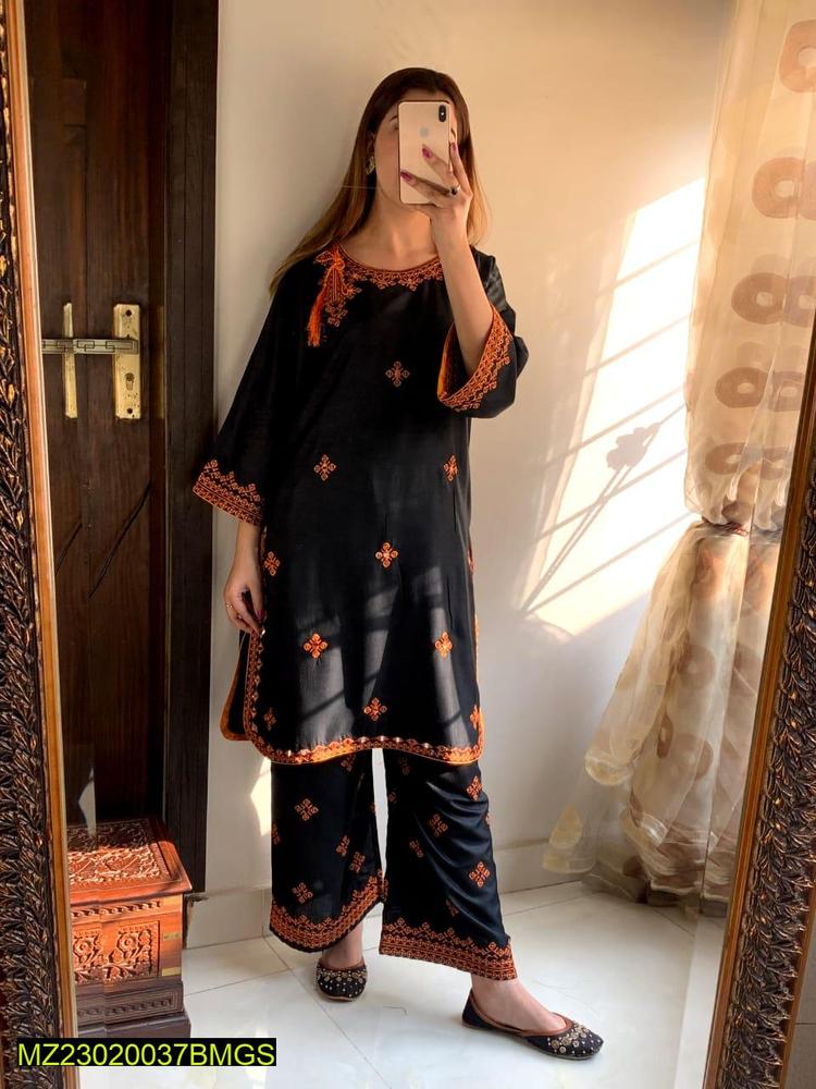 *Product Name*: 2 Pcs Women's Stitched Linen Embroidered Shirt And Trouser