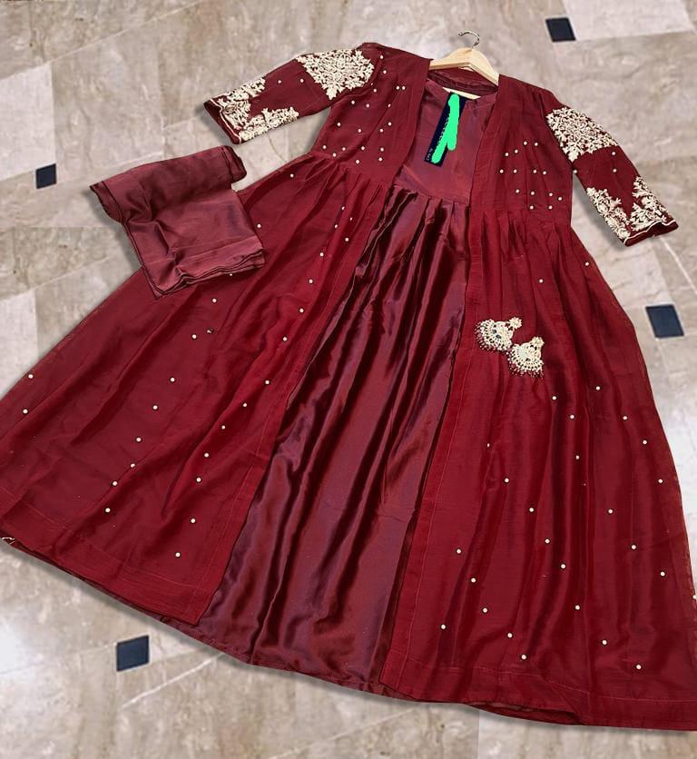 *Product Name*: Elegant Women's Stitched Maxi Suit - 3 Pcs Shamoz Silk Embroidered Ensemble in Maroon